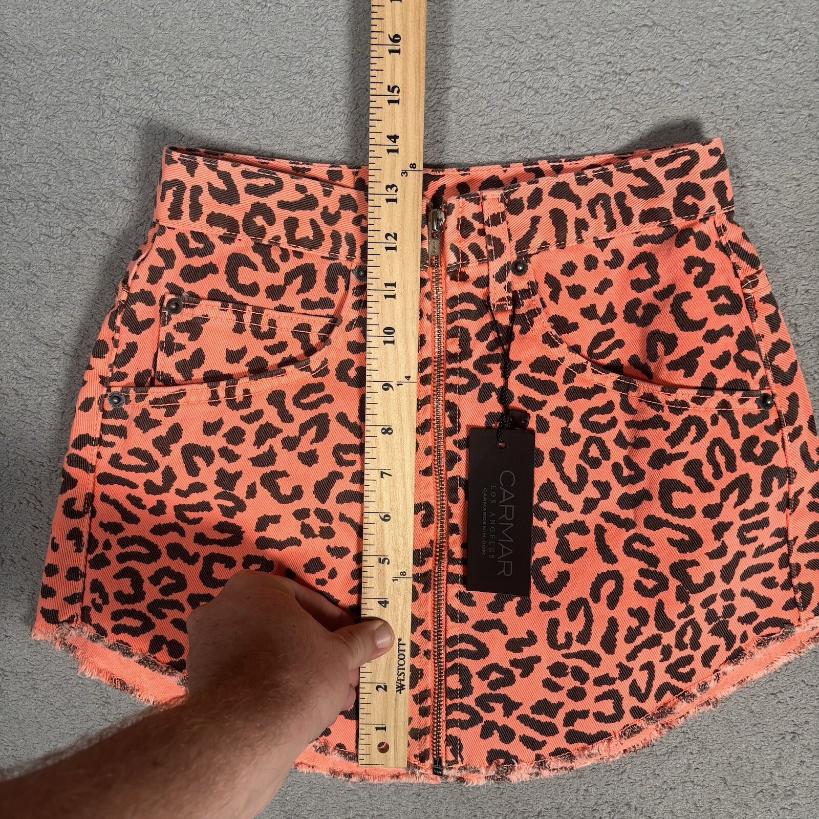 Carmar Denim Neon Orange Leopard Print Zip Front Mini Skirt Nwt Size 25 Y2k — image 3 of 8